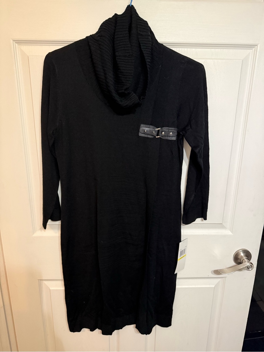 Nina Leonard Black Cowl Neck Sweater Dress with Buckle Detail